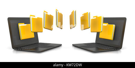 Two Laptop Computers Transferring Yellow Folders Data, 3D Illustration Isolated on White Background Stock Photo