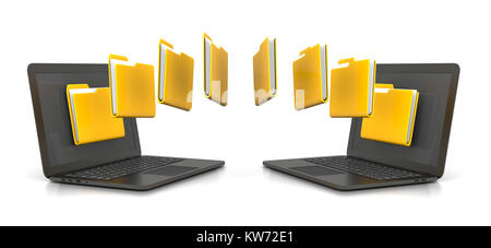 Two Laptop Computers Transferring Yellow Folders Data, 3D Illustration Isolated on White Background Stock Photo