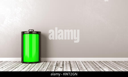 One Single Electric Battery Full Charge Level on Wooden Floor Against Grey Wall with Copyspace 3D Illustration Stock Photo