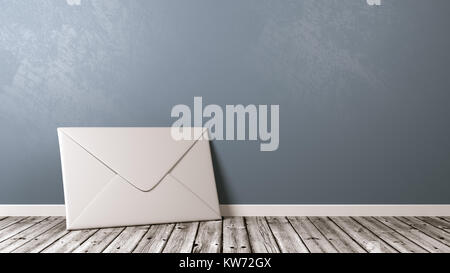 White Paper Envelope on Wooden Floor Against Blue Grey Wall with Copyspace 3D Illustration Stock Photo