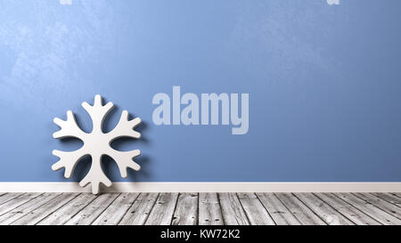 White Snowflake Shape on Wooden Floor Against Blue Wall with Copyspace 3D Illustration Stock Photo