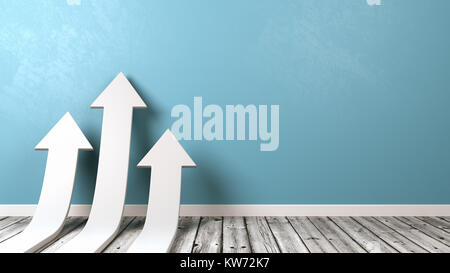 Three White Arrows Rising on Wooden Floor Against Blue Wall with Copyspace 3D Illustration Stock Photo