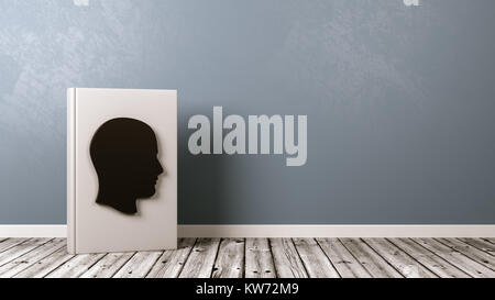 White Book Upright with Human Head Shape on the Cover on Wooden Floor Against Grey Wall with Copyspace 3D Illustration, Biography Concept Stock Photo