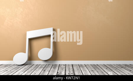 Couple of White Musical Notes Shape on Wooden Floor Against Orange Wall with Copyspace 3D Illustration Stock Photo