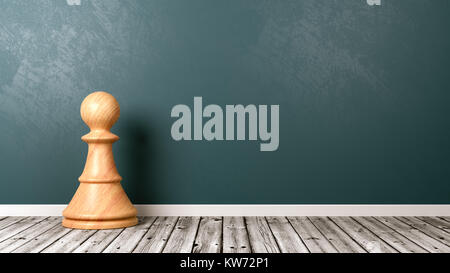 One White Wooden Chessman on Wooden Floor Against Blue Wall with Copyspace 3D Illustration Stock Photo