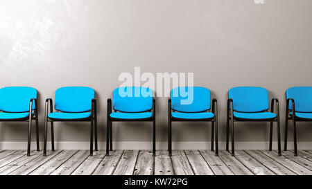 Row of Same Chairs on Wooden Floor Against Grey Wall with Copyspace 3D Illustration Stock Photo