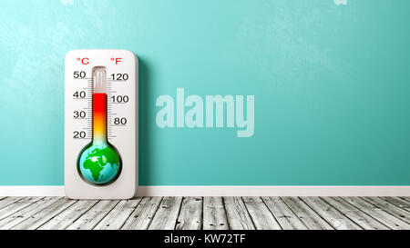 Earth in the Shape of a Thermometer on Wooden Floor Against Blue Wall with Copyspace 3D Illustration, Global Warming Concept Stock Photo