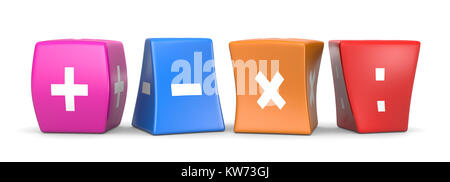 Four Math Operators White Symbols on Colorful Deformed Funny Cubes 3D Illustration on White Background Stock Photo