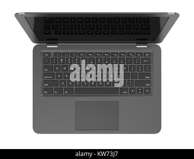 Black Laptop Computer with Blank Black Screen Isolated on White Background 3D Illustration, Top View Stock Photo