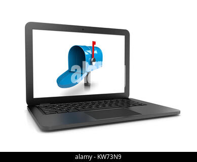 Black Laptop Computer with Blue Empty Mailbox on the Screen 3D Illustration on White Stock Photo