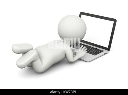 Small White 3D Character Using a Laptop Computer with White Blank Screen 3D Illustration on White Background Stock Photo