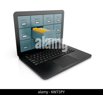 Metallic Archive Rack with One Open Drawer Full of Yellow Document Folders Coming Out of a Laptop Computer Screen 3D Illustration on White Background Stock Photo