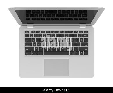 Aluminum Laptop Computer with Blank Black Screen Isolated on White Background 3D Illustration, Top View Stock Photo