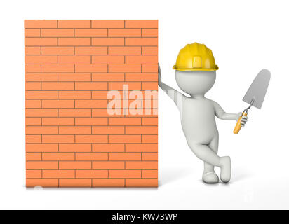 Bricklayer, White 3D Character with Hard Hat and Trowel Work Tools Leaned on a Brick Wall 3D Illustration Stock Photo