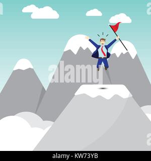 Business Concept As A Happy Businessman Jumping On A Pinnacle Of Mountain And Holding A Red Flag Means Best Effort Of Self Performing Succeeds Goal. Stock Vector