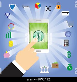 Finger Tapping Dollar Sign In White Smartphone With 18 Fintech Icons From Back Of The Phone Involving In Financial Technology, Banking, Saving. Stock Vector