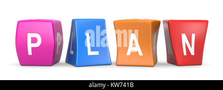 Plan White Text on Colorful Deformed Funny Cubes 3D Illustration on White Background Stock Photo