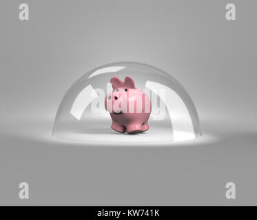 Piggybank under a Glass Shield 3D Rendering, Savings Protection Concept Stock Photo