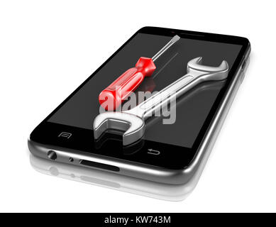Smartphone with a Screwdriver and a Spanner on the Screen 3D Illustration on White Background Stock Photo