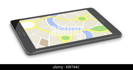 Tablet Pc Showing a Navigation System Map 3D Illustration on White Background Stock Photo