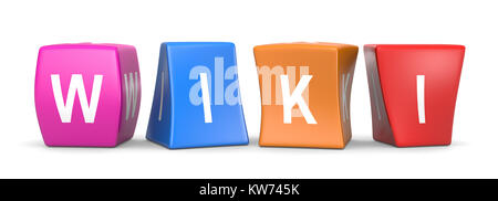 Wiki White Text on Colorful Deformed Funny Cubes 3D Illustration on White Background Stock Photo