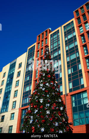 Christmas tree outside Hotel New York at Disneyland Paris. EuroDisney. Stylised exterior of hotel Stock Photo