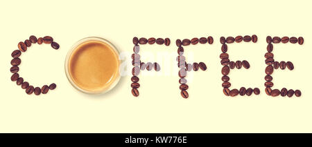 Top view of word coffee made from coffee beans and glass cup of hot coffee Stock Photo