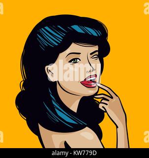 Portrait of beautiful young woman. Pin-up concept. Vintage pop art comics, cartoon vector illustration Stock Vector