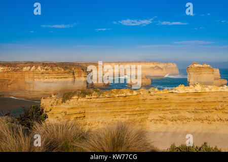 View of some limestone rock formations including the 'Razorback' from the Loch Ard Gorge along the Great Ocean Road, Australia. Stock Photo