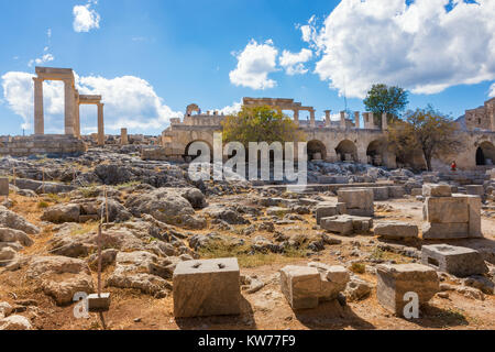 Stoa, portico and Propylaea on Acropolis of Lindos (Rhodes, Greece) Stock Photo