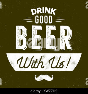 Vintage style beer badge. Ink stamp design. Drink good beer with us sign. Movember symbol - moustache included. Letterpress effect for t shirt printin Stock Photo