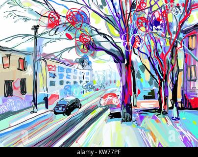 digital drawing contemporary art painting of winter road landsca Stock Vector