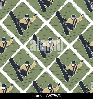 Snowboard man seamless background. Winter ski retro color design pattern with snowboarder. Stock isolated on white. Old style. Stock Photo