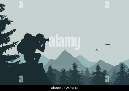 panoramic view of a mountain landscape with mist in a valley with a touring photographer under a grey sky - vector Stock Vector