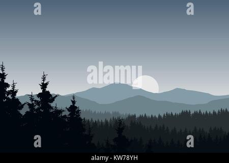 Vector illustration of mountain landscape with forest under gray sky with clouds and rising sun Stock Vector