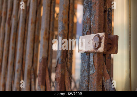 Rusty expanded panel mesh close up with padlock Stock Photo