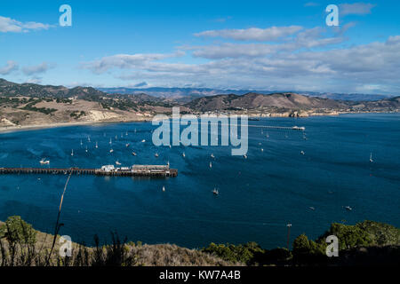 Piers at Avila Beach, California as viewed from a hillside above. Stock Photo