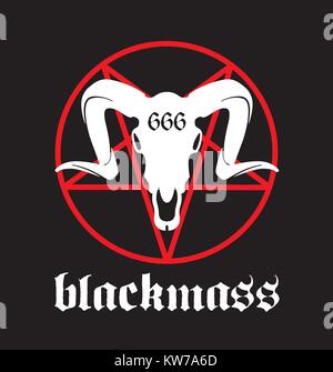 Black Mass vector design. Black Mass design featuring pentagram and goat skull with 666 marking. Great for heavy metal rock band graphics. Stock Vector