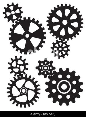Interlocking gears and cogs design. Set of four different styles of gears or cogwheels with matching interlocking smaller gears. Stock Vector