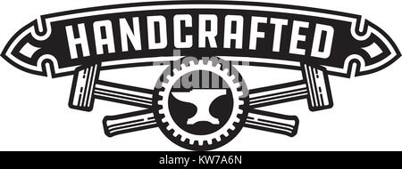 Handcrafted design or badge with hammers. Vector design featuring, crossed hammers, cogwheel or gear and anvil with ornate handcrafted banner. Stock Vector