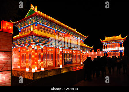 Colourful light display of red Chinese praying temples at the Magical Lantern Festival, Chiswick House and Gardens Dec 27 2017 Stock Photo