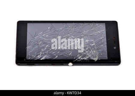 modern touch screen smartphone with broken screen isolated on white background. Stock Photo