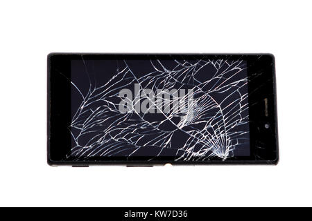 modern touch screen smartphone with broken screen isolated on white background. Stock Photo