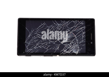 modern touch screen smartphone with broken screen isolated on white background. Stock Photo