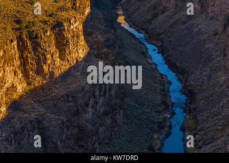 View of Rio Grande Gorge in the shadows of late afternoon from the Rio Grande Gorge Bridge, Rio Grande del Norte National Monument, New Mexico, USA Stock Photo