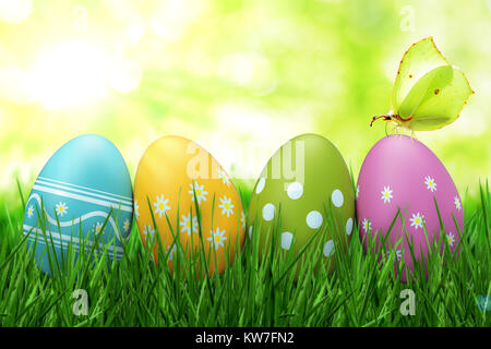 Colorful easter eggs on grass with butterfly 3D rendering Stock Photo