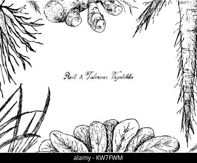 Root and Tuberous Vegetables, Illustration Frame of Hand Drawn Sketch of Turmeric, Skirret, Salsify Plants on White Background. Stock Vector