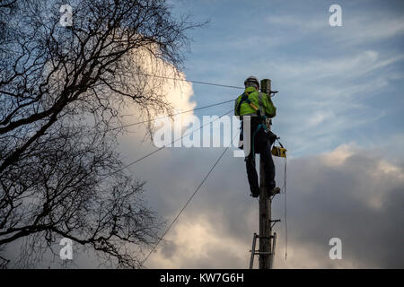 Telecommunications Engineer Up A Pole Stock Photo