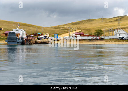 Lake Baikal, Siberia, Russia - August 25, 2017: Ferry at the pier of Olkhon Island Stock Photo