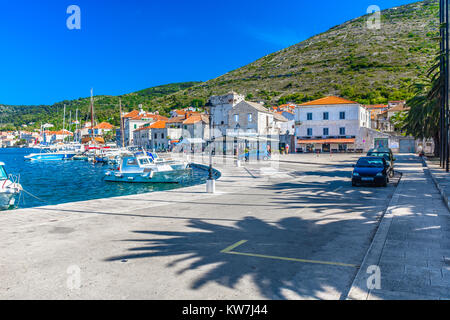 Scenic view at city center of town Vis in Croatia, mediterranean places. Stock Photo